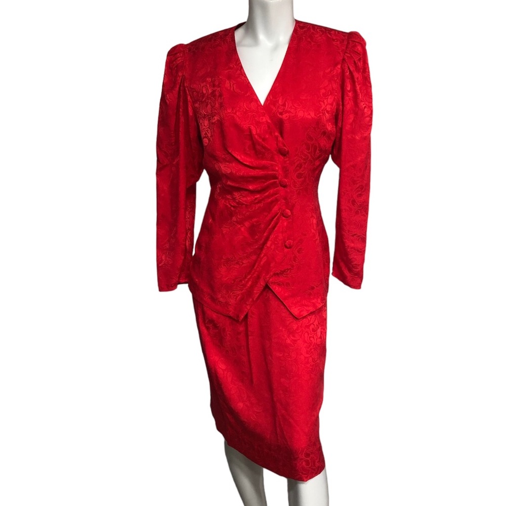 Vtg 80s Mob Wife 100% Silk Suit Blazer & Skirt Fire Red 6